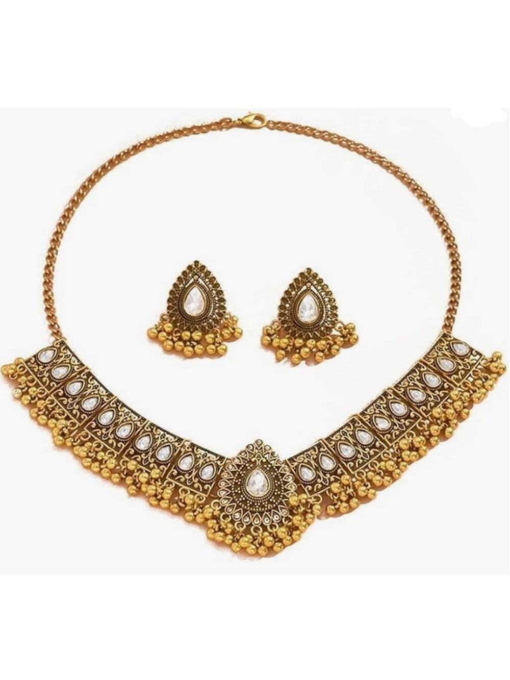 Vintage-Style Gold Tone Clear Stone Necklace & Earring Set – Costume Jewelry